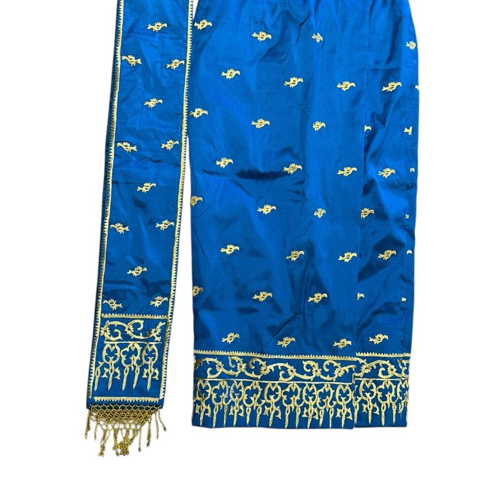 Turquoise Blue Sari Skirt with Golden Embroidery & Sash w/Beaded Trim 30” x 38”